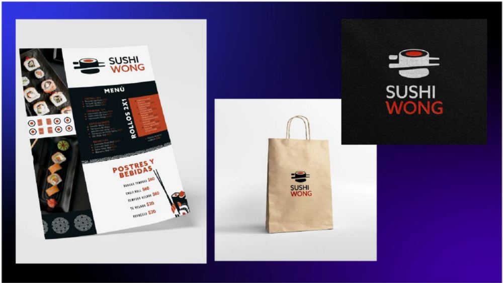 Branding de Sushi Wong: logotipo, menú y bolsa de empaque