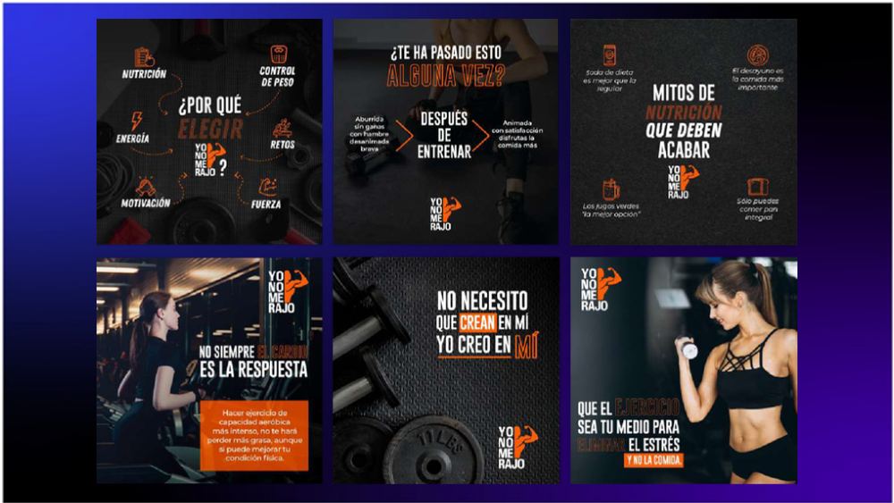 Contenido para redes sociales de Yo No Me Rajo: posts de motivación fitness